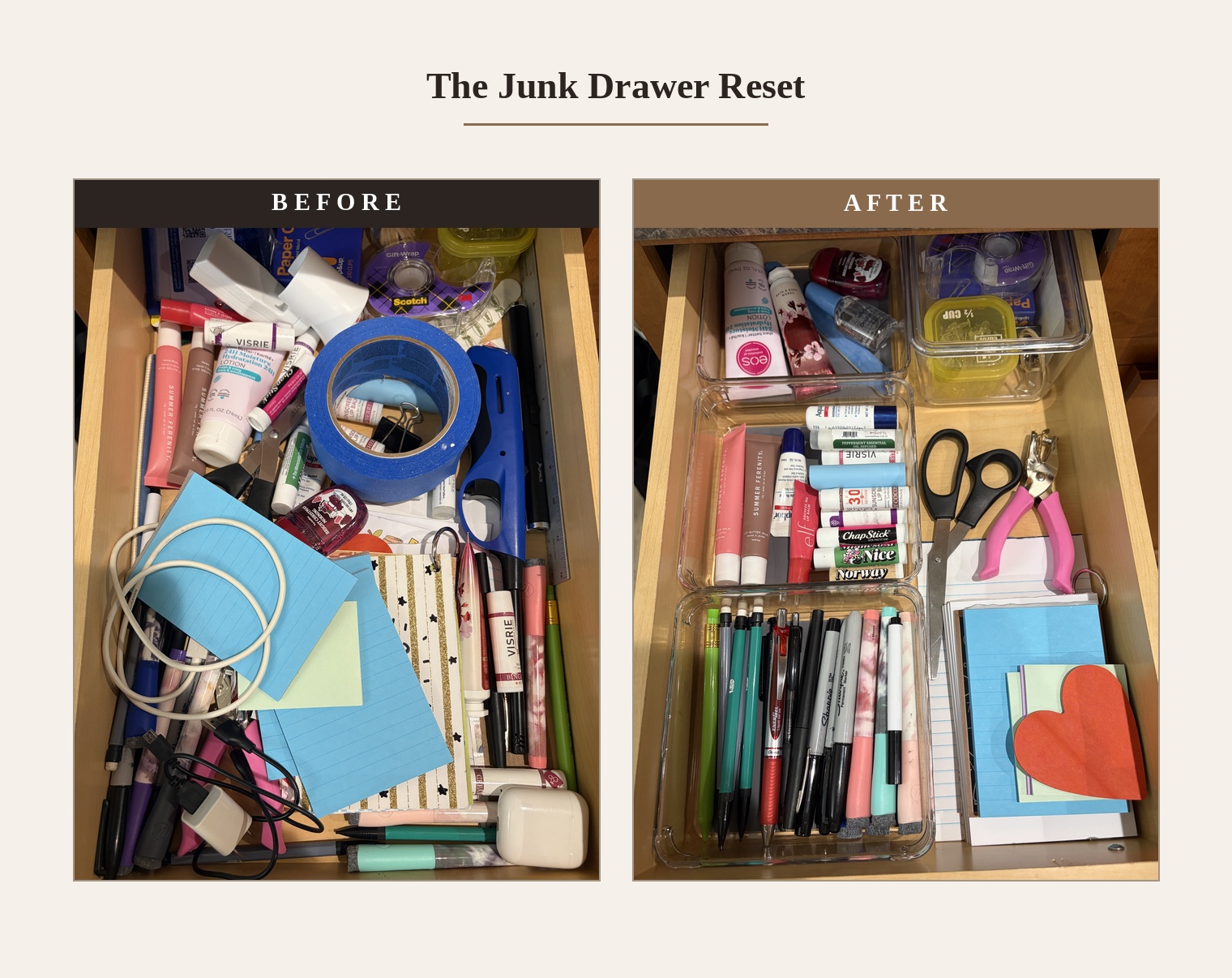 Junk drawer before and after reset