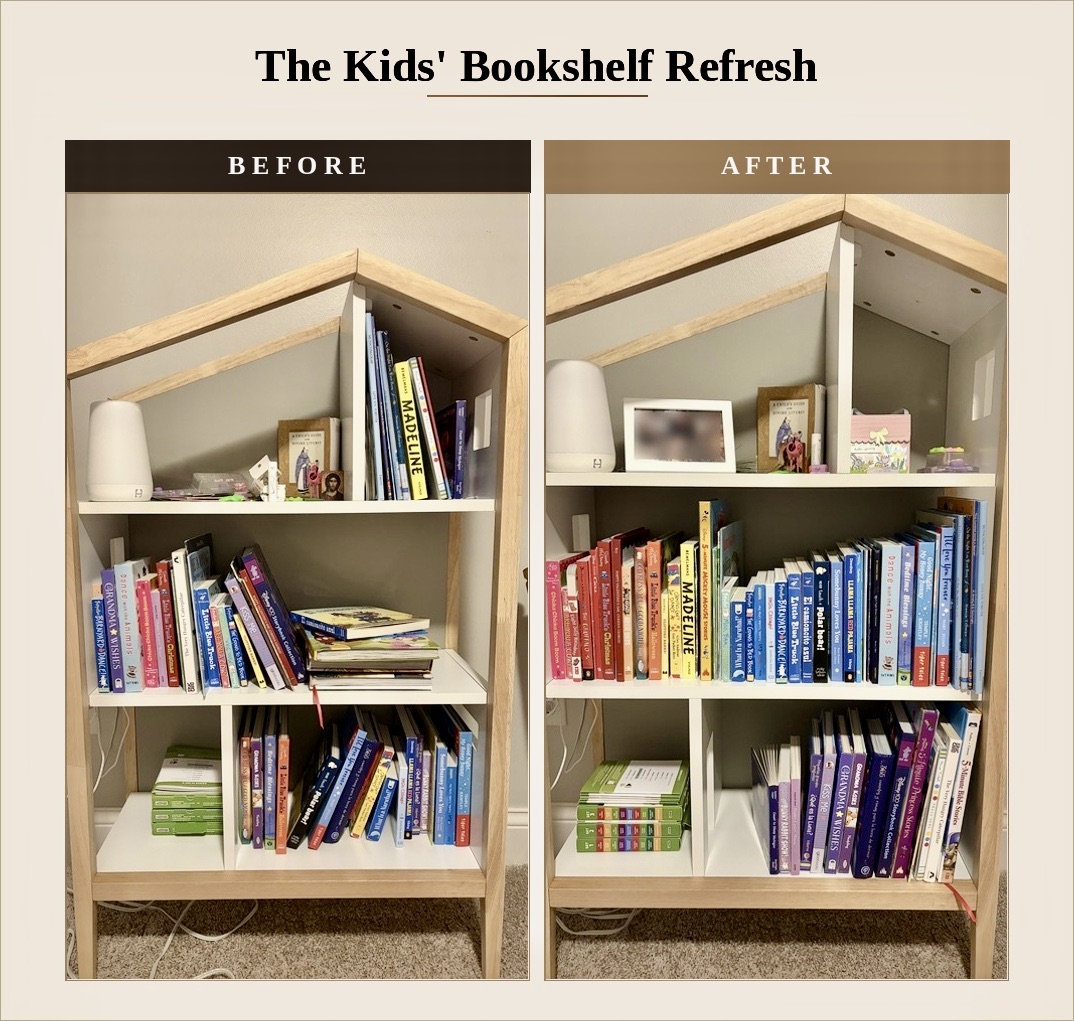 Kids' bookshelf before and after refresh